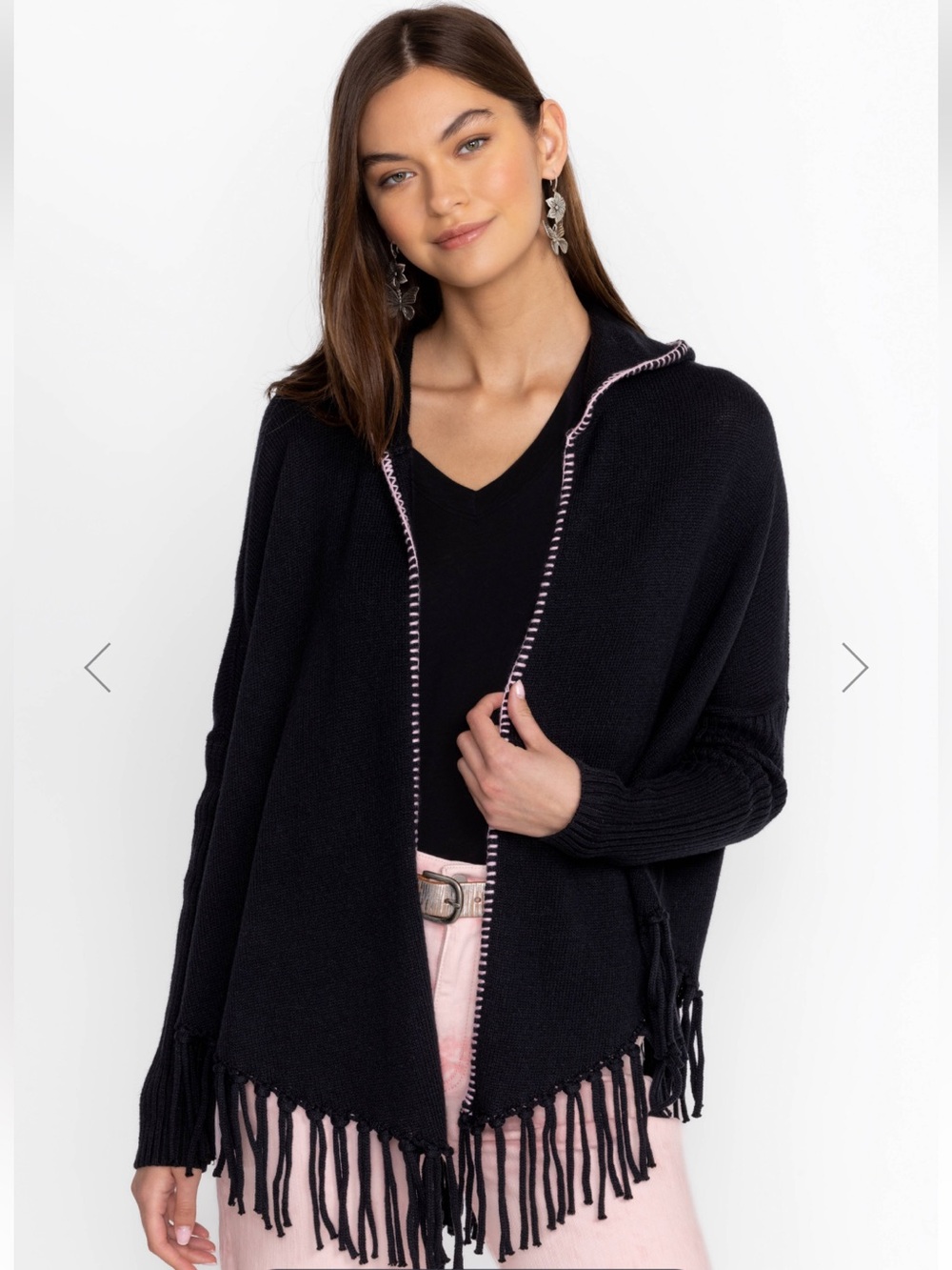 Johnny Was The Fringe Open Poncho Hooded Cardigan Black Linen Blend